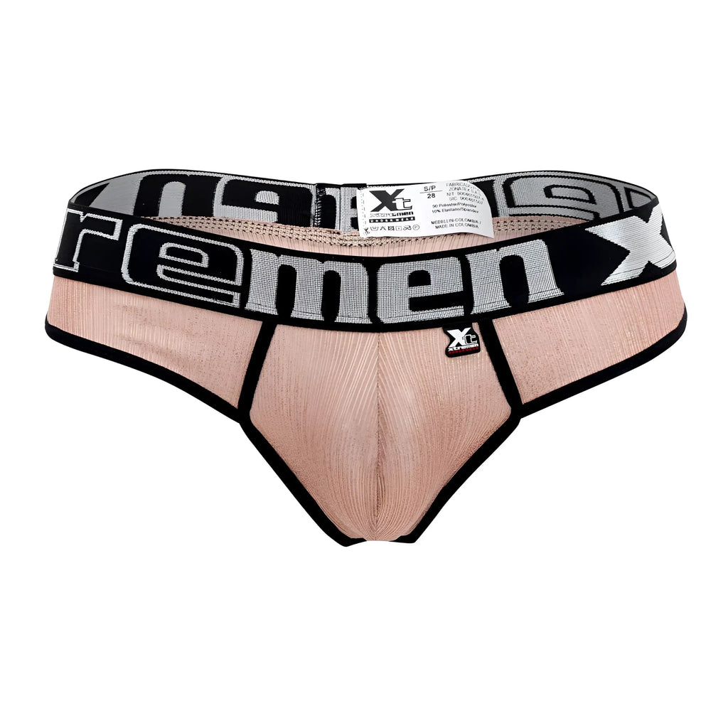 A peach-colored ribbed men’s brief with black gray xtreme logo waistband from Xtremen 91091X microfiber thongs