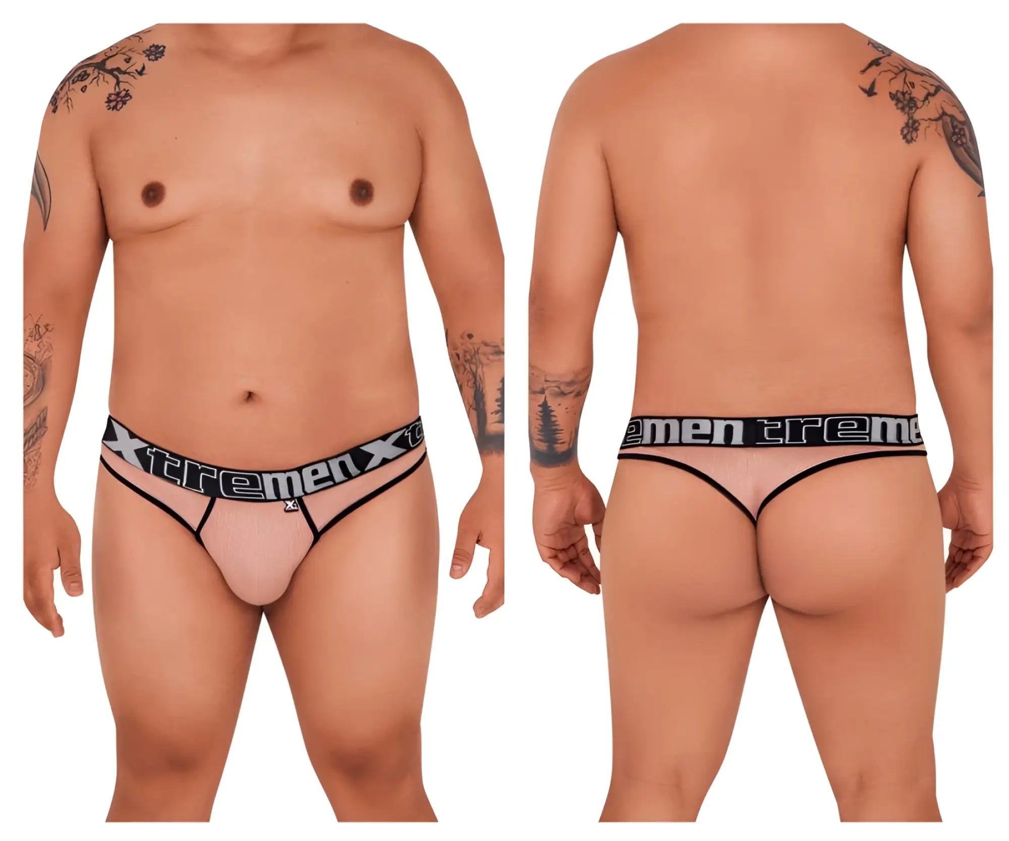 Transparent pink mesh microfiber thong with black xtremen branded elastic waistband in front view
