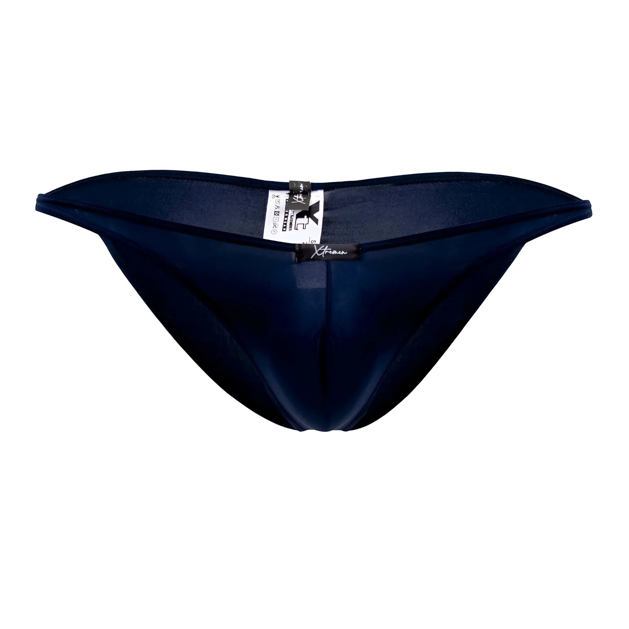 Navy blue sheer mesh thong with black Xtremen brand tag at the back microfiber bikini color dark blue