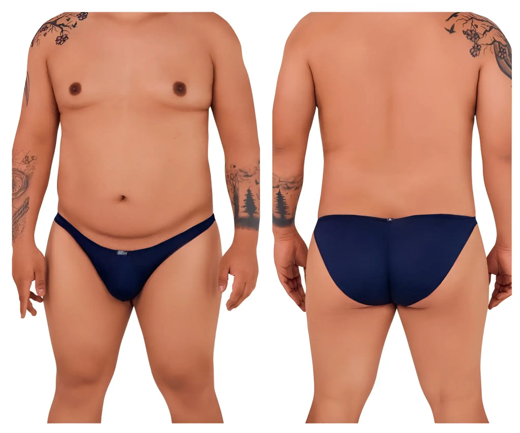 Navy blue microfiber bikini briefs with a subtle brand logo on the front waistband from Xtremen 91093X