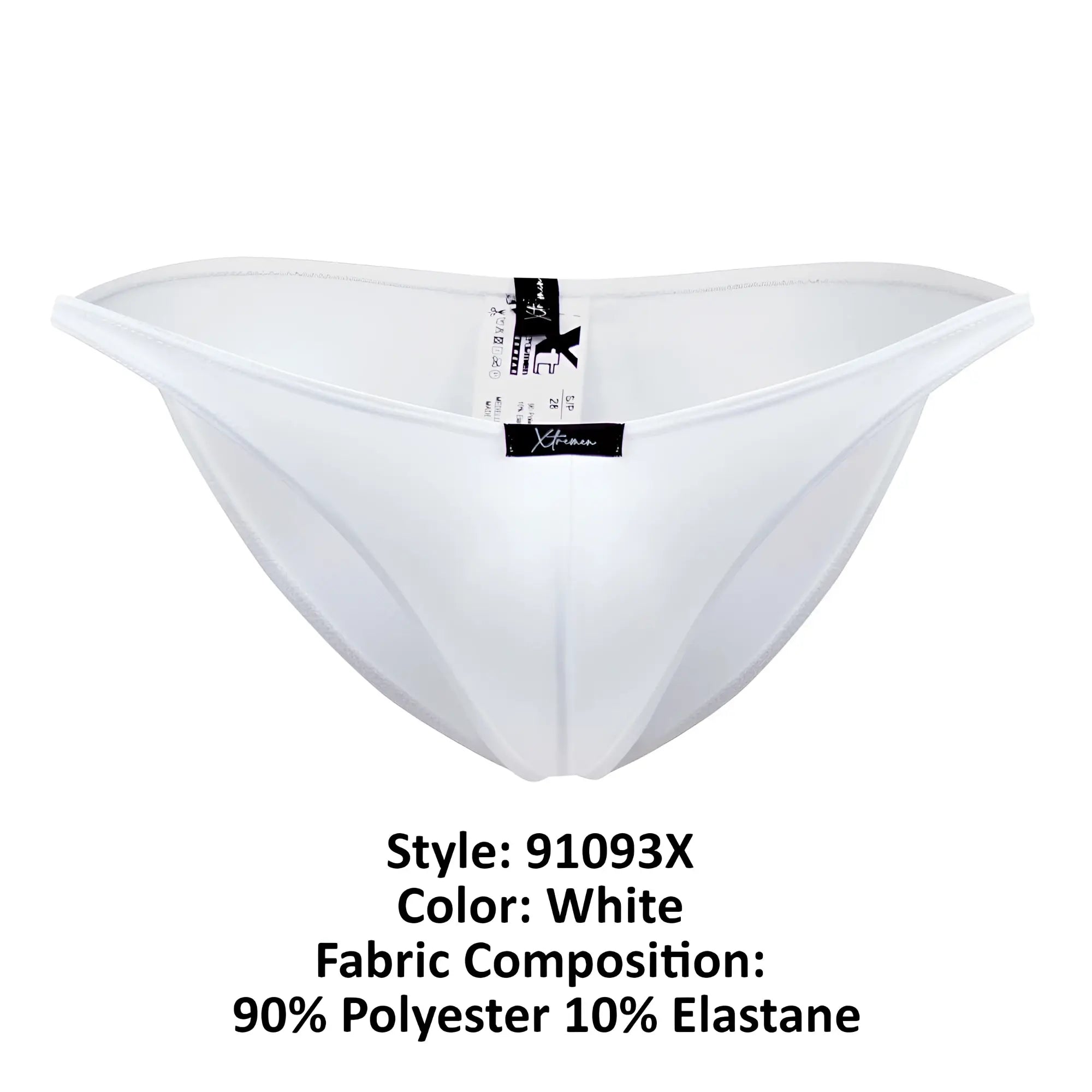 White xtremen 91093X microfiber bikini briefs made of 90 percent polyester and 10 percent elastane with branded tag