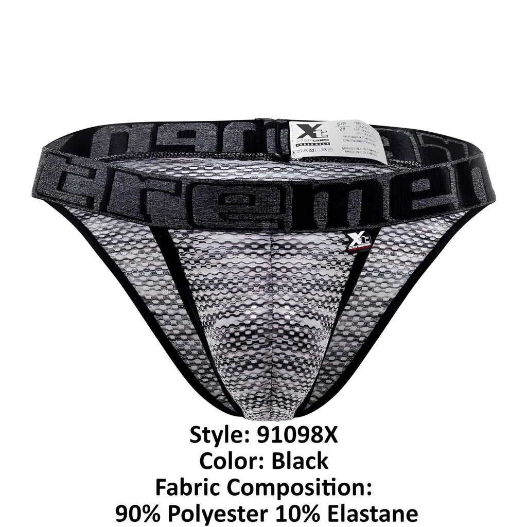 Black microfiber mesh briefs with bold xtreme logo band and black trim in xtremen 91098x bikini style