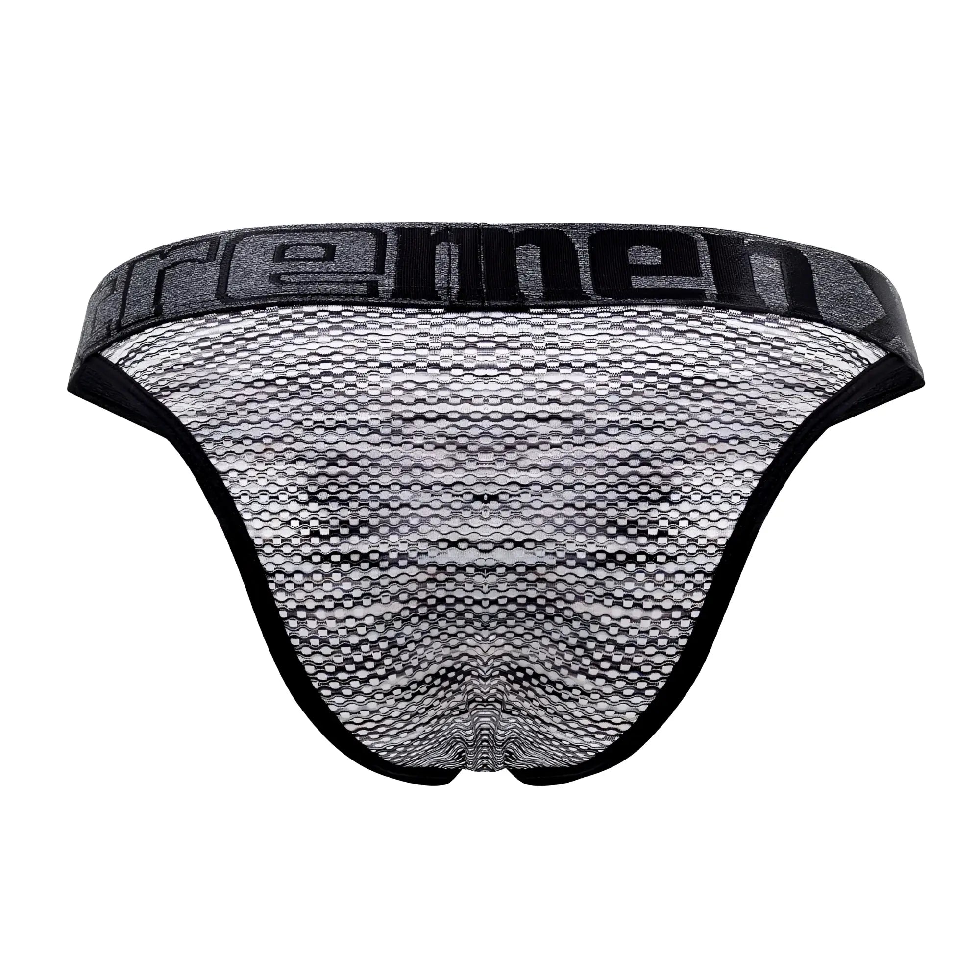 Black and gray microfiber mesh men’s briefs with a bold remen logo on the waistband xtremen 91098x bikini