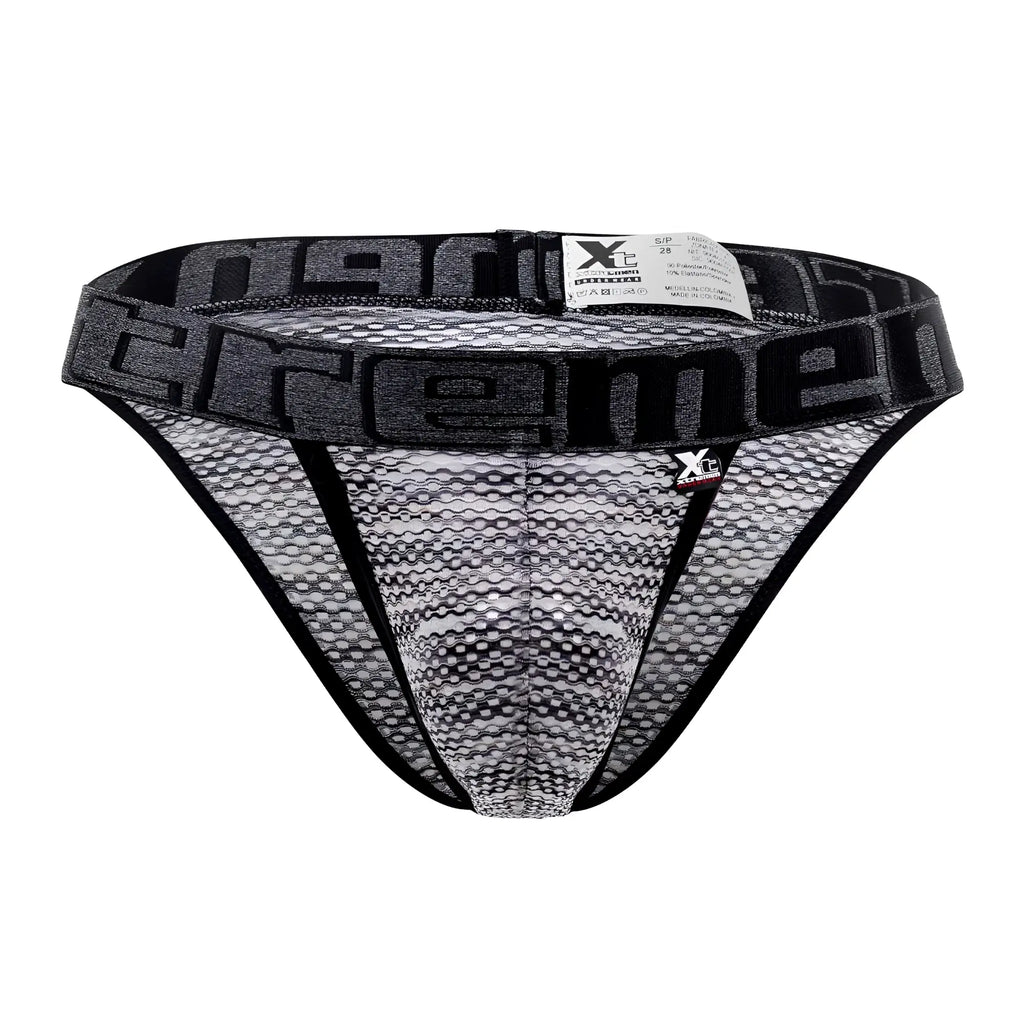 Black and gray microfiber mesh men’s bikini underwear with bold xtreme logo band for comfortable support