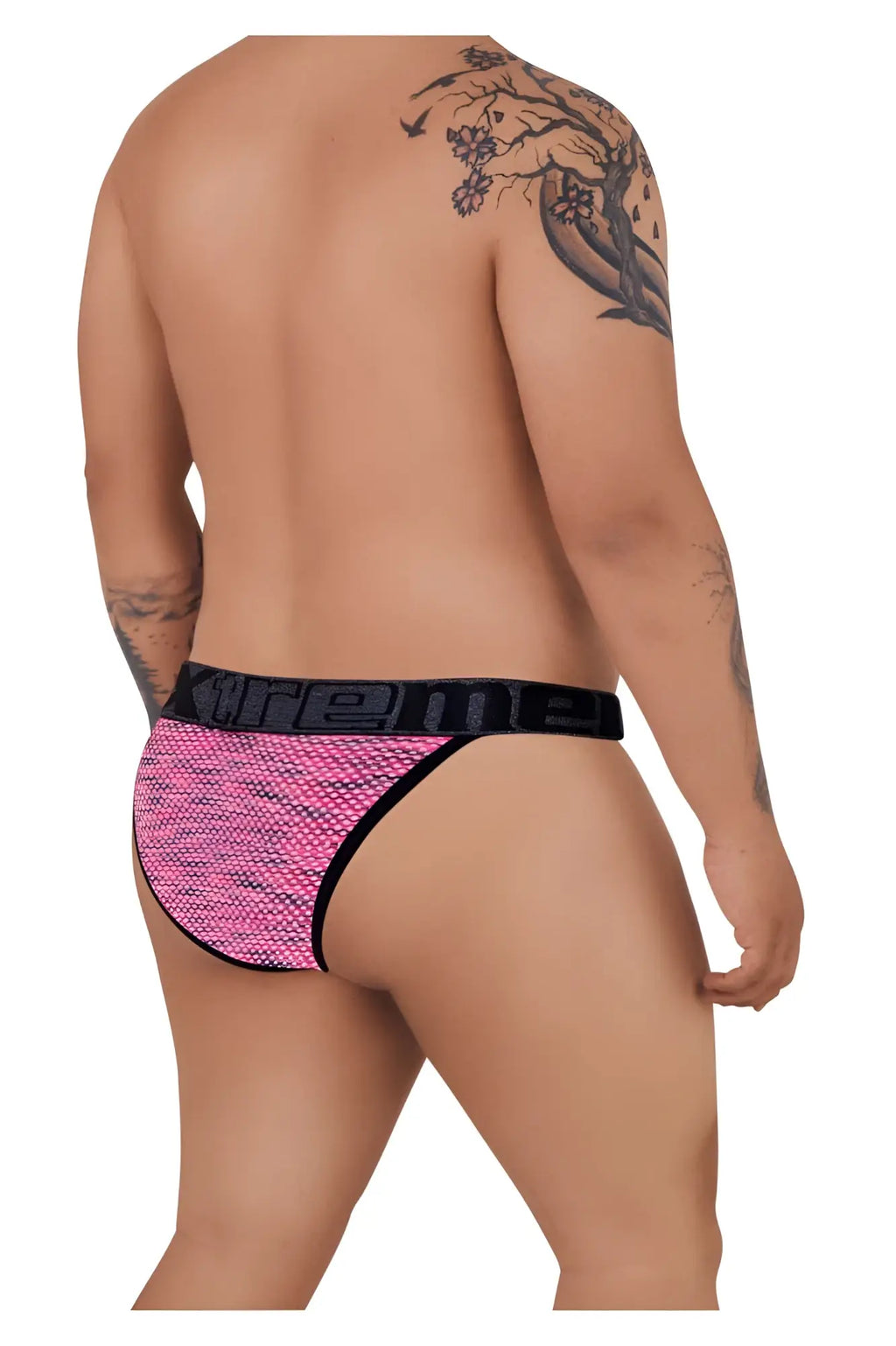 Pink mesh microfiber bikini briefs with black xtreme elastic waistband in the xtremen 91098x style