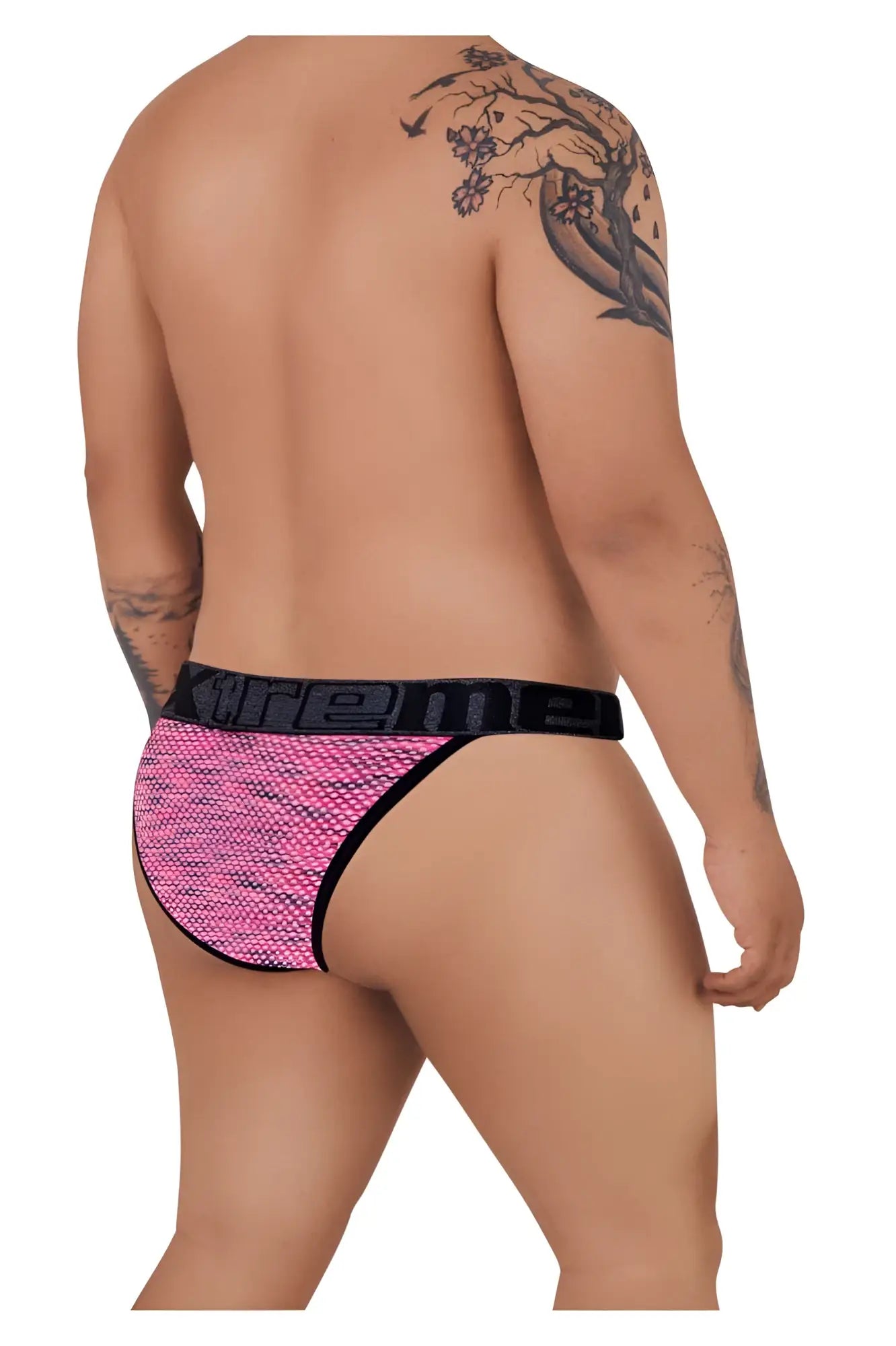 Pink mesh microfiber bikini briefs with black xtreme elastic waistband in the xtremen 91098x style