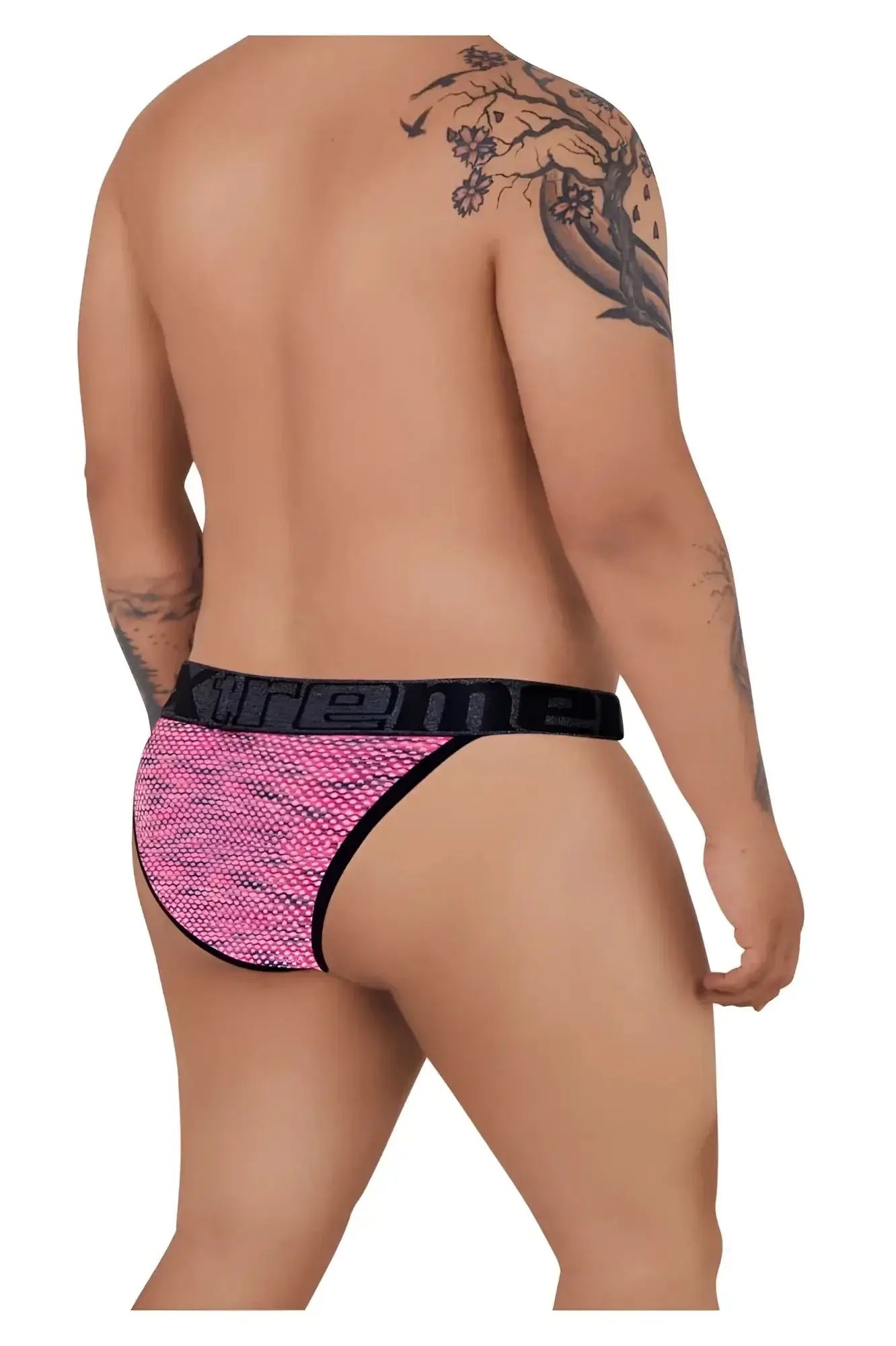 Pink mesh microfiber bikini briefs with black xtreme elastic waistband in the xtremen 91098x style