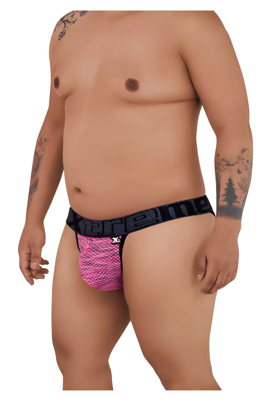 Xtremen 91098x microfiber mesh bikini in pink with black scale-like textured patterned men’s briefs front view