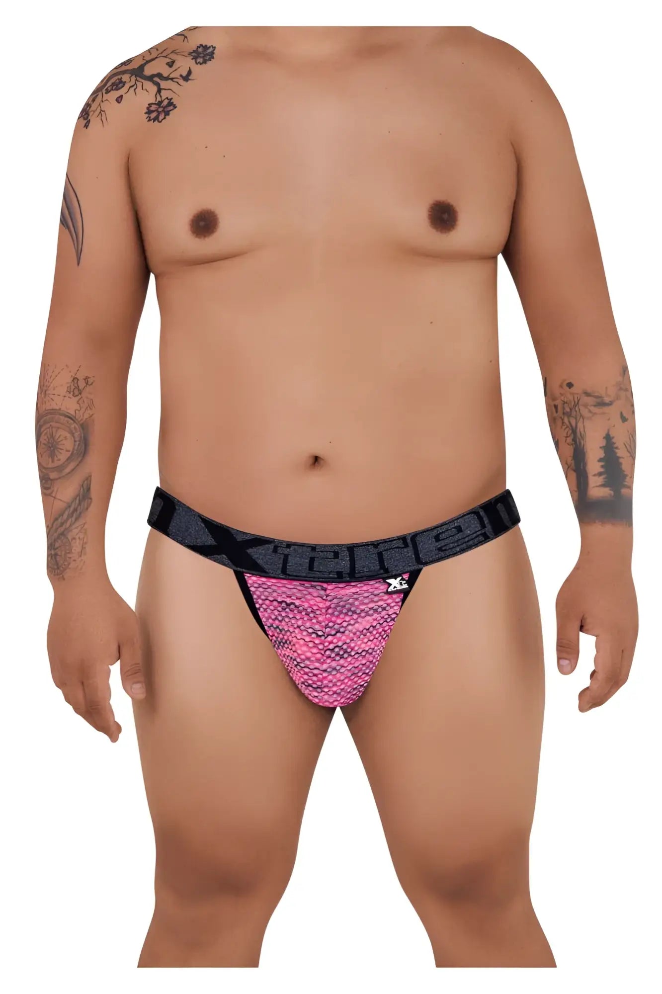 Pink and black patterned thong with textured scale-like design xtremen 91098x microfiber mesh bikini front view