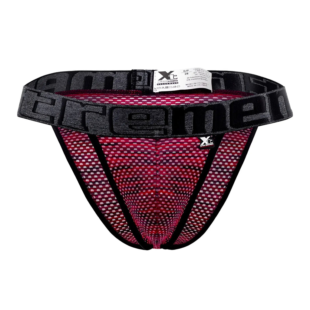 Black and pink mesh microfiber athletic briefs with bold extreme logo band in red from xtremen 91098x series