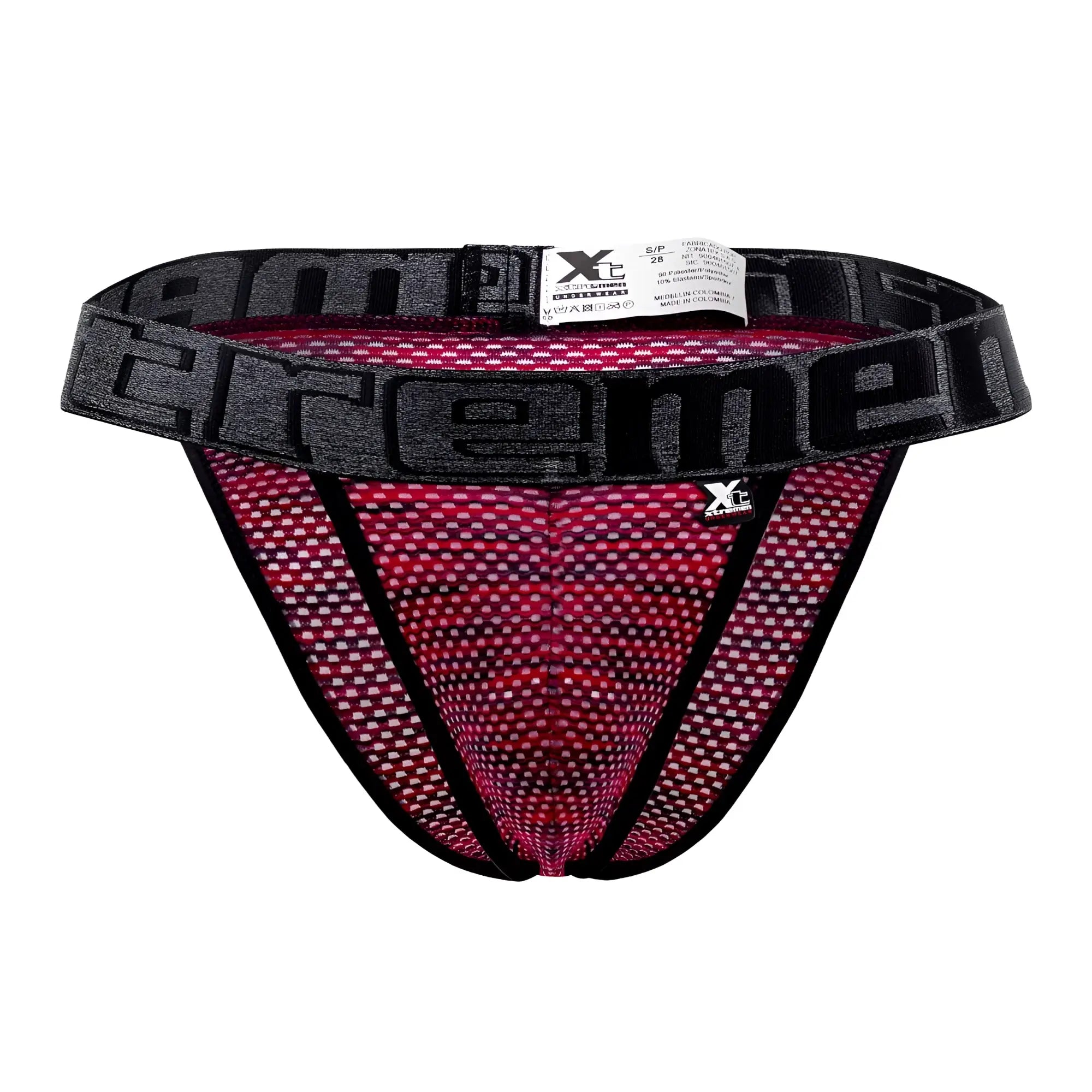 Black and pink mesh microfiber athletic briefs with bold extreme logo band in red from xtremen 91098x series