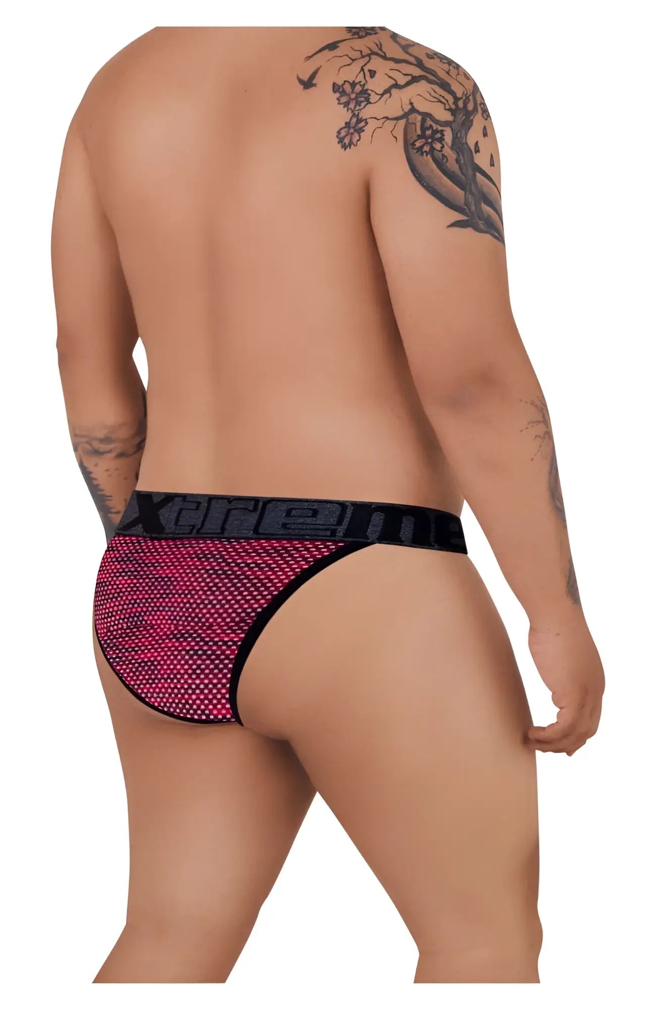 Pink and black microfiber mesh briefs with bold xtremen logo band in red color for bikini style underwear