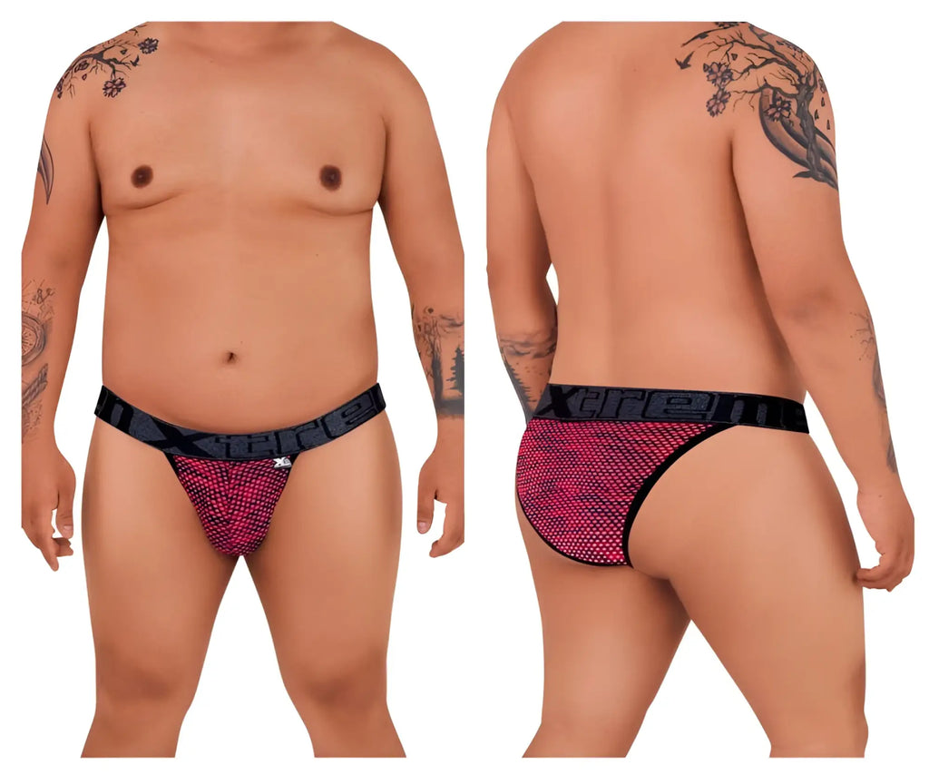 Pink microfiber mesh bikini briefs with black elastic waistband and xtreme branding in red color