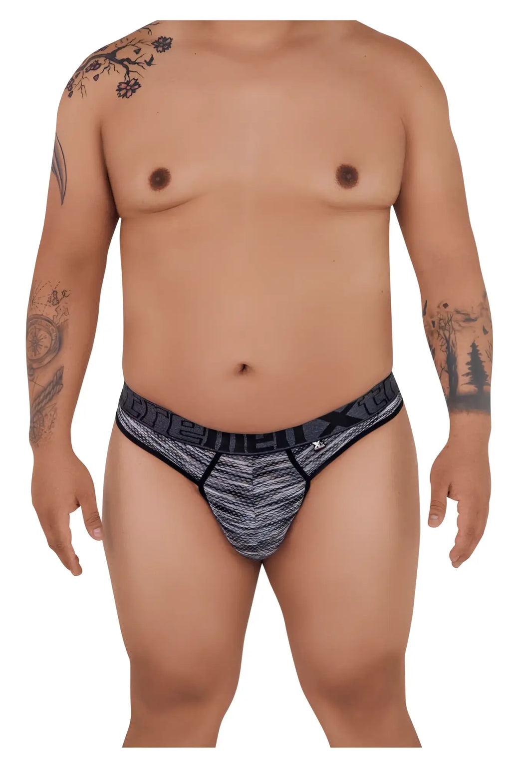 Xtremen 91100x microfiber mesh thongs in black featuring a bold textured design on black and gray patterned briefs