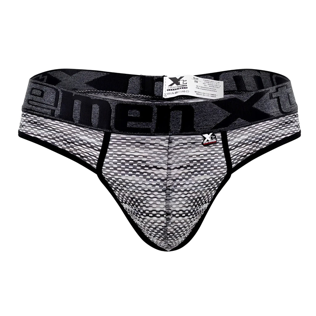 Black and gray patterned xtremen 91100x microfiber mesh thongs with textured fabric design for men