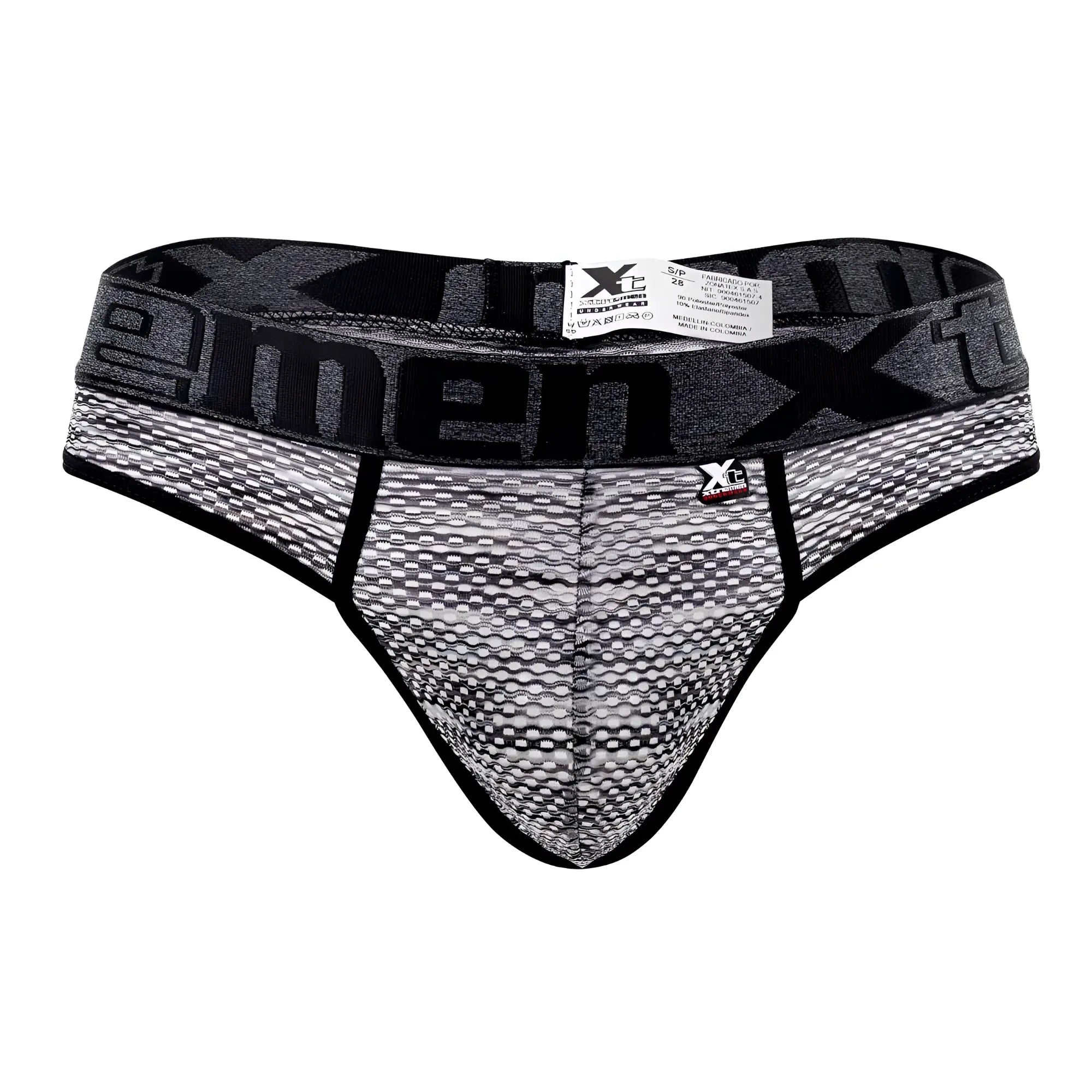 Black and gray patterned xtremen 91100x microfiber mesh thongs with textured fabric design for men