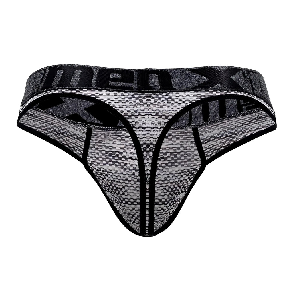 Black and gray microfiber mesh thong with bold menx logo band xtremen 91100x for men