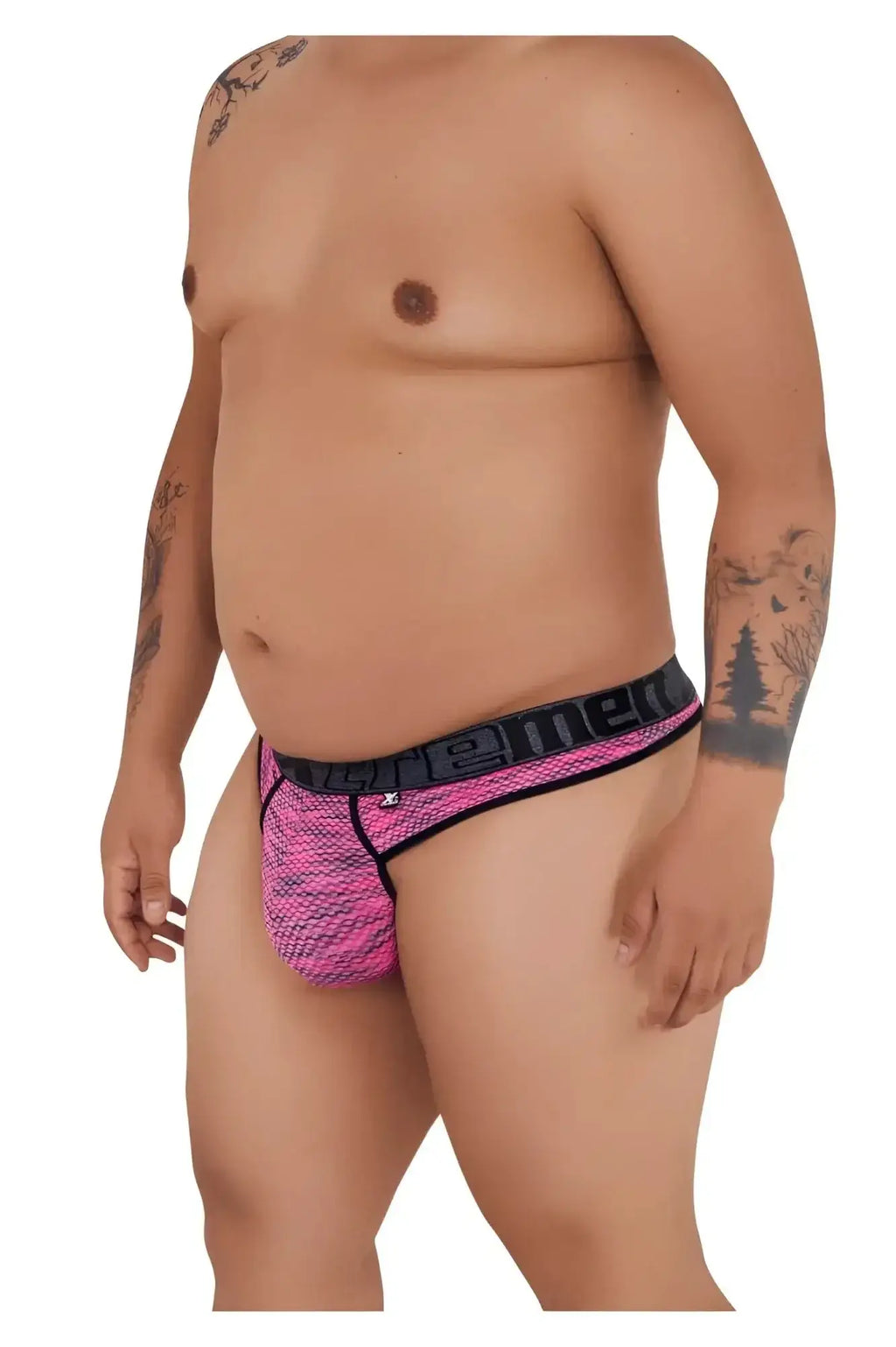 Pink xtremen 91100x microfiber mesh briefs with black elastic waistband featuring men branding in white lettering