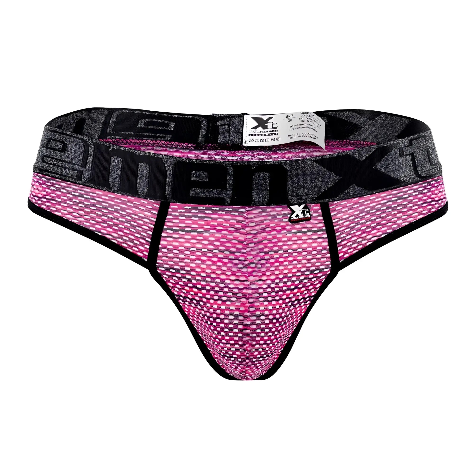 Pink and black mesh men’s thong with branded waistband made of microfiber from Xtremen 91100X collection