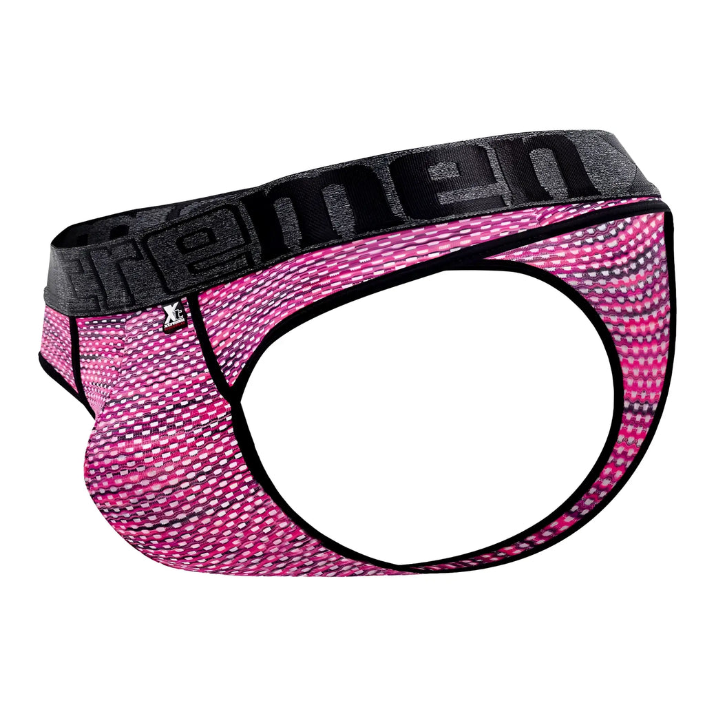Pink and black patterned xtremen 91100x microfiber mesh briefs with textured design and xtreme waistband logo