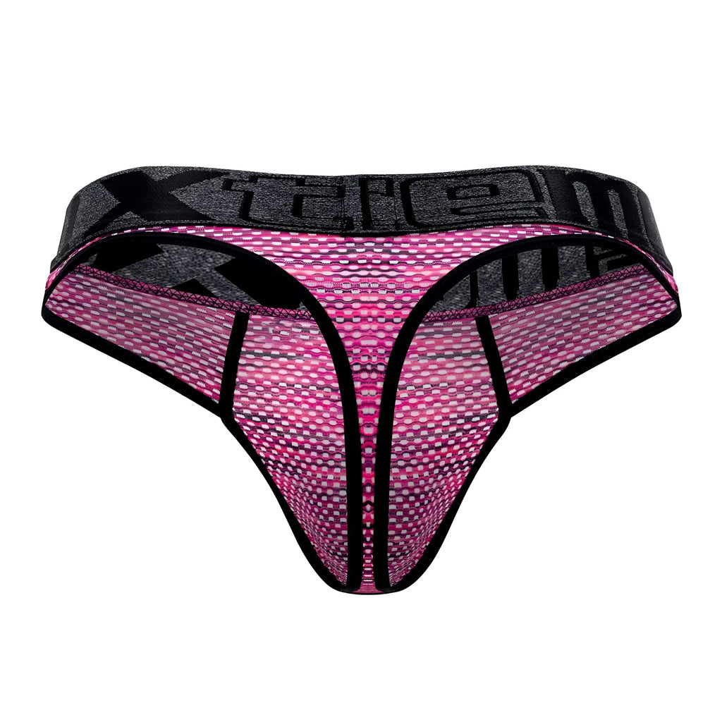 Pink and black microfiber mesh thong with textured pattern and xtreme brand name on waistband from Xtremen 91100X series
