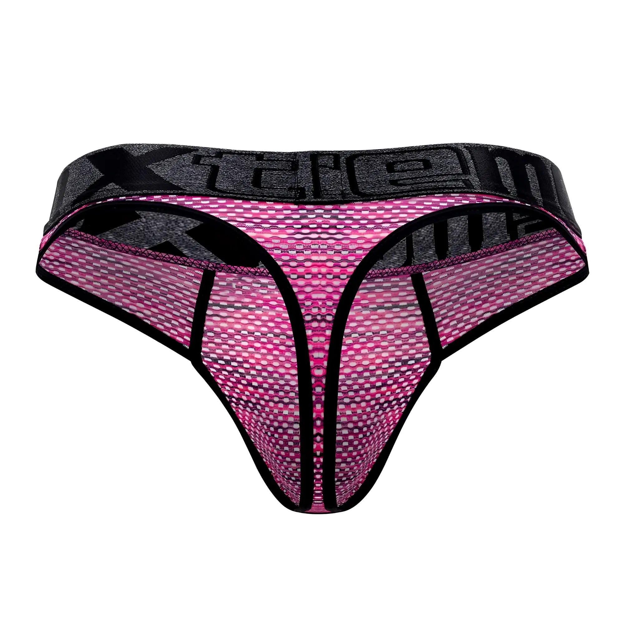 Pink and black microfiber mesh thong with textured pattern and xtreme brand name on waistband from Xtremen 91100X series