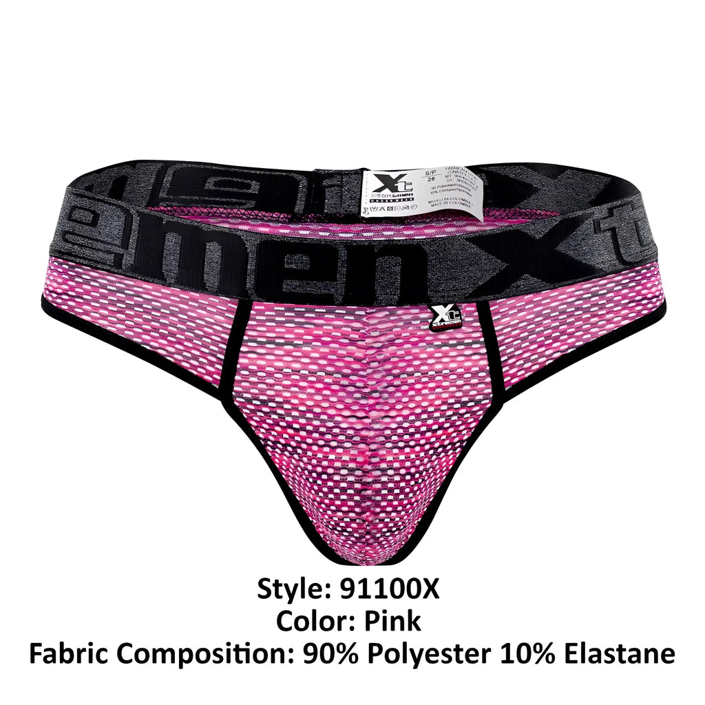 Pink xtremen 91100x microfiber mesh thong with black trim and xtreme logo waistband shows front view