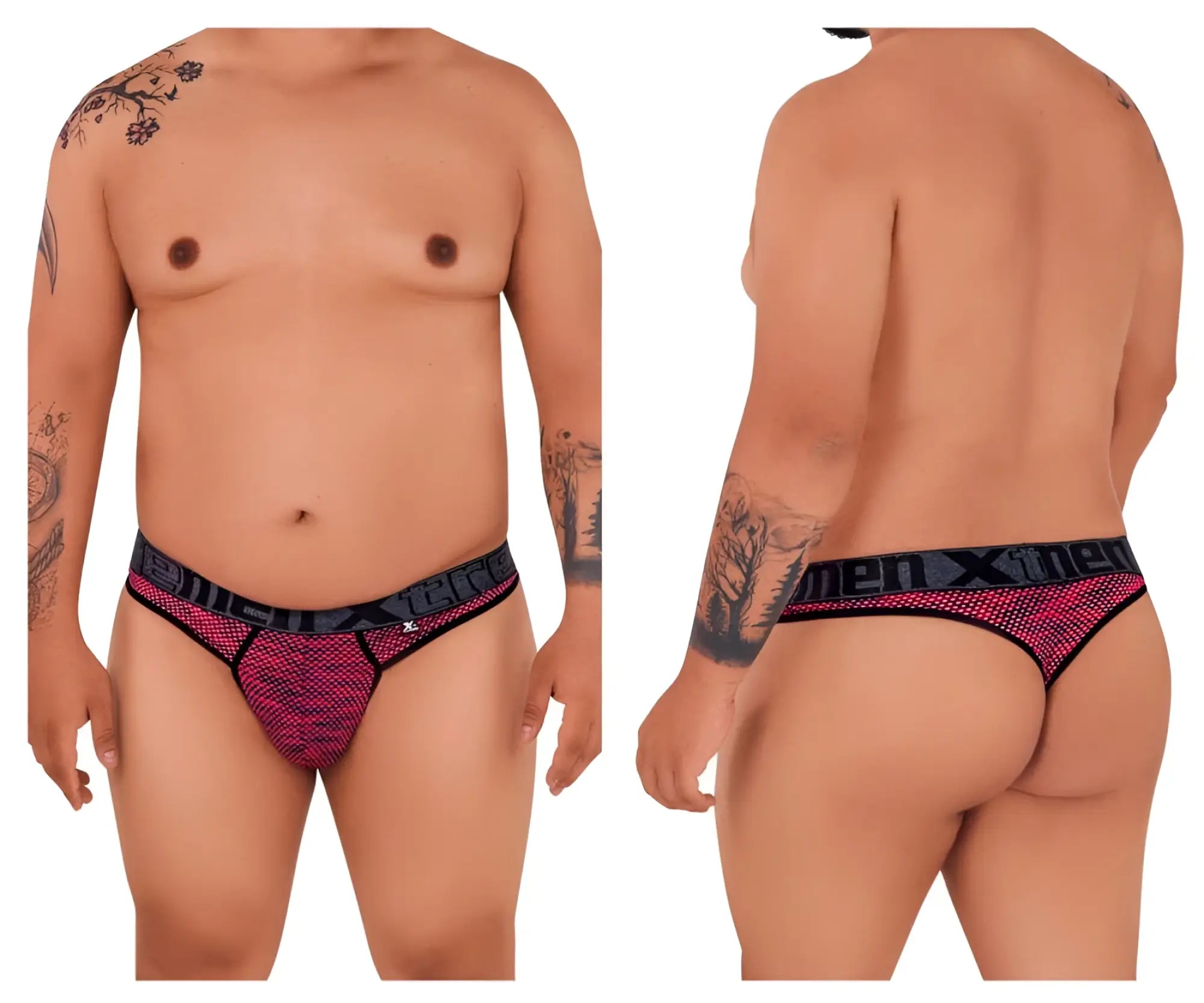 Xtremen 91100x microfiber mesh thongs in red featuring pink and black mesh with a bold patterned design