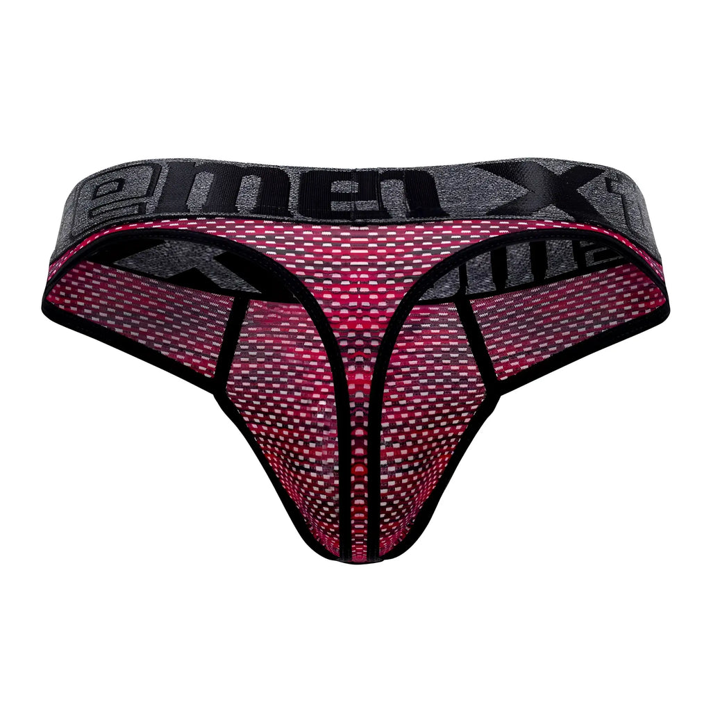 Pink and gray xtremen 91100x microfiber mesh thong with black trim and menx branding on the waistband