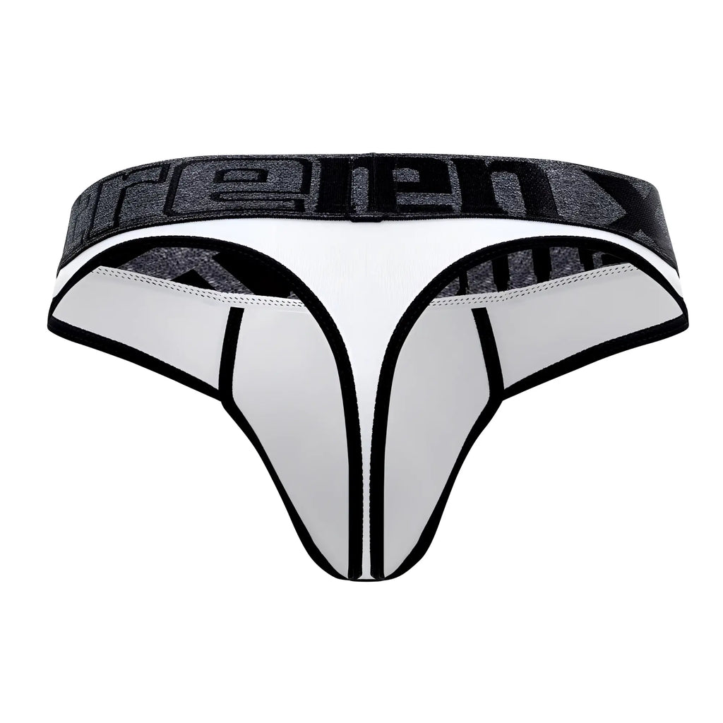 White and black athletic microfiber thongs with a textured gray waistband featuring the Reebok logo