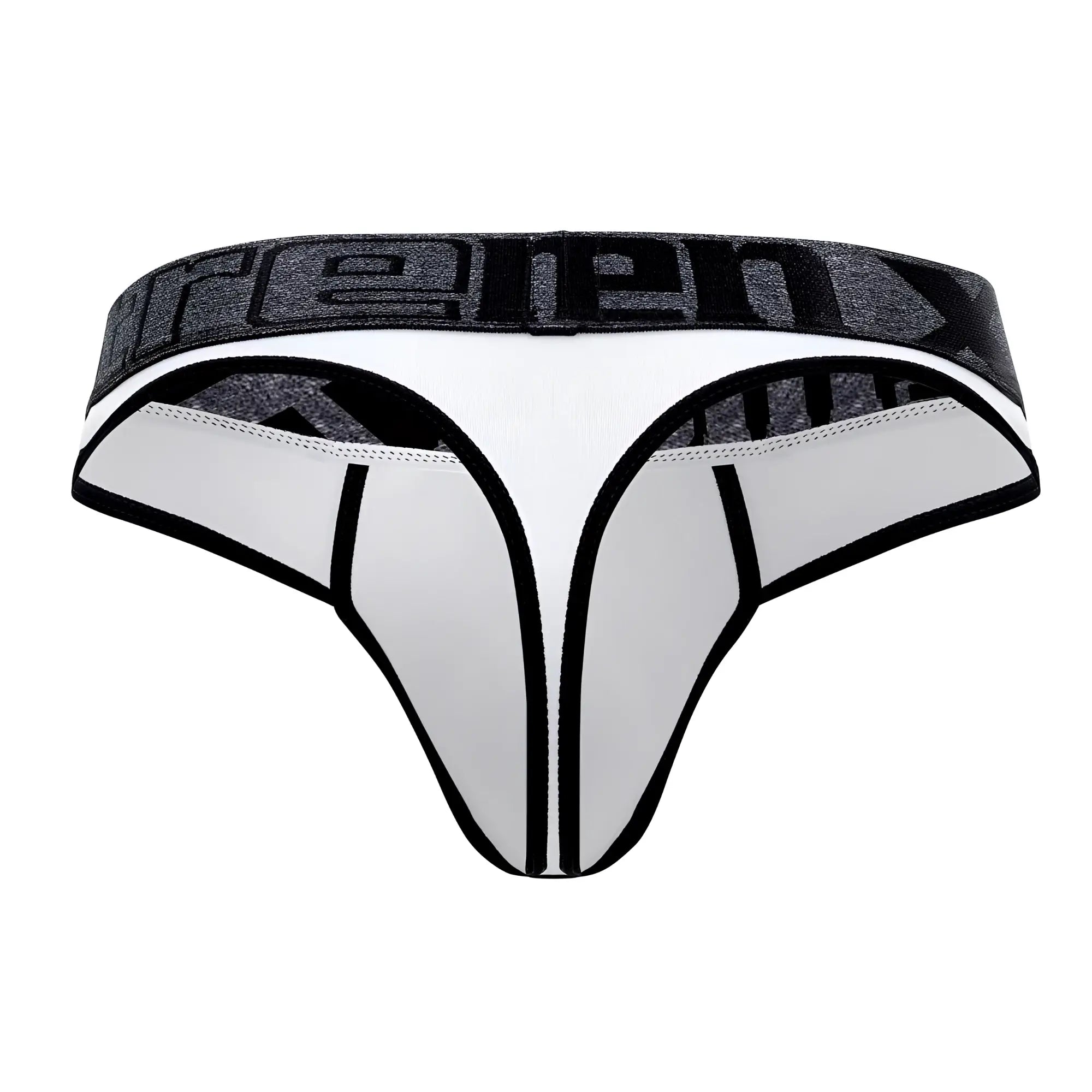White and black athletic microfiber thongs with a textured gray waistband featuring the Reebok logo