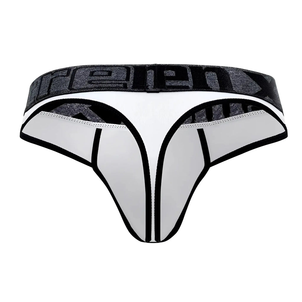 White and black athletic microfiber thongs with a textured gray waistband featuring the Reebok logo
