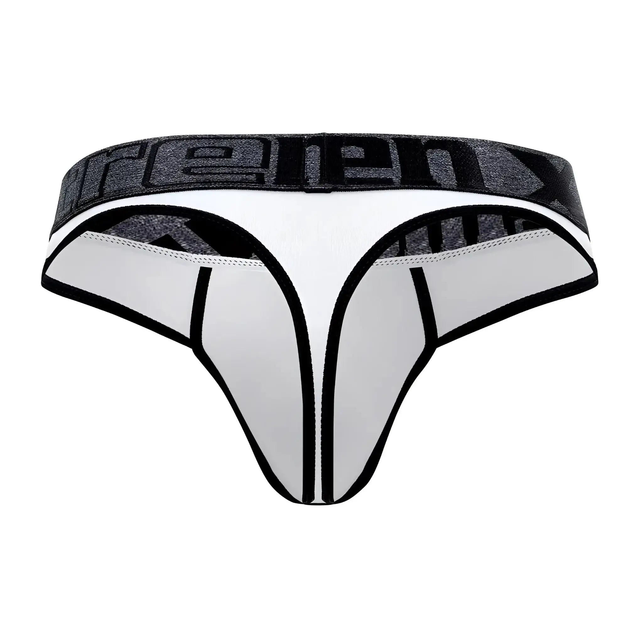 White and black athletic microfiber thongs with a textured gray waistband featuring the Reebok logo