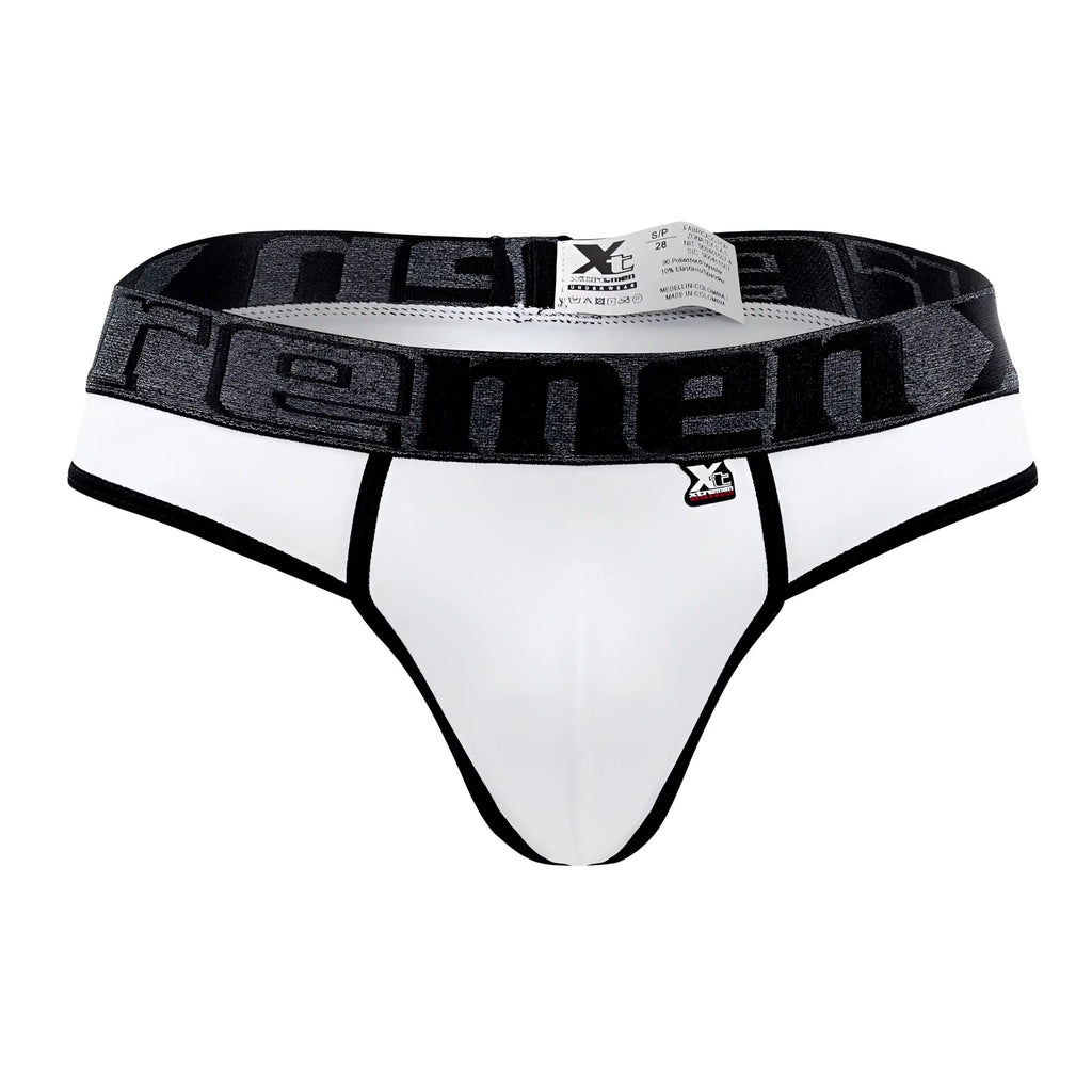 White xtremen 91101x microfiber thongs with black trim and gray xtreme branded waistband front view