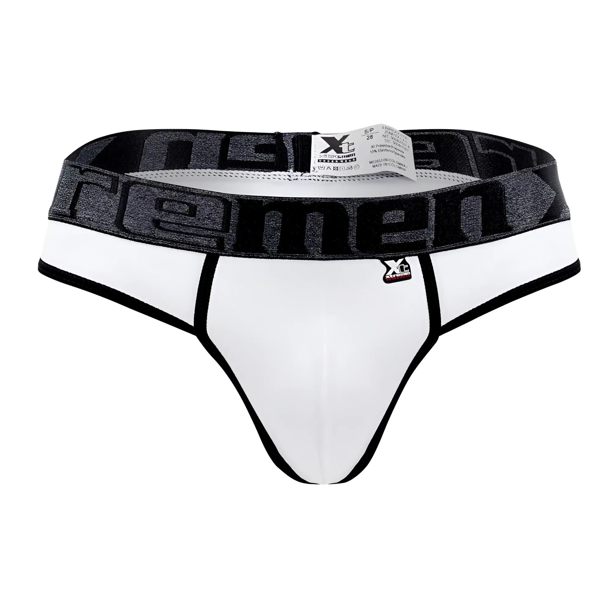 White xtremen 91101x microfiber thongs with black trim and gray xtreme branded waistband front view