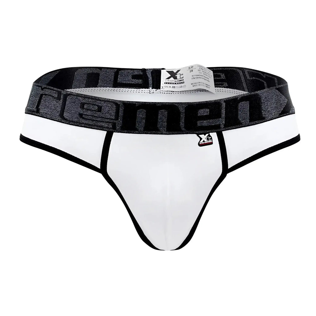 White xtremen 91101x microfiber thongs with black trim and gray xtreme branded waistband front view