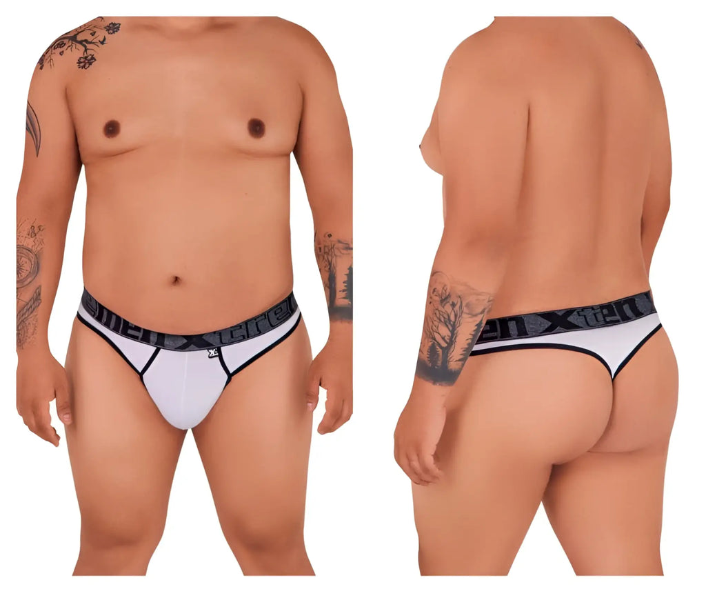 White men’s microfiber thong with black trim and branded waistband xtremen 91101x shown from the back side