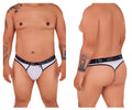 White men’s microfiber thong with black trim and branded waistband xtremen 91101x shown from the back side