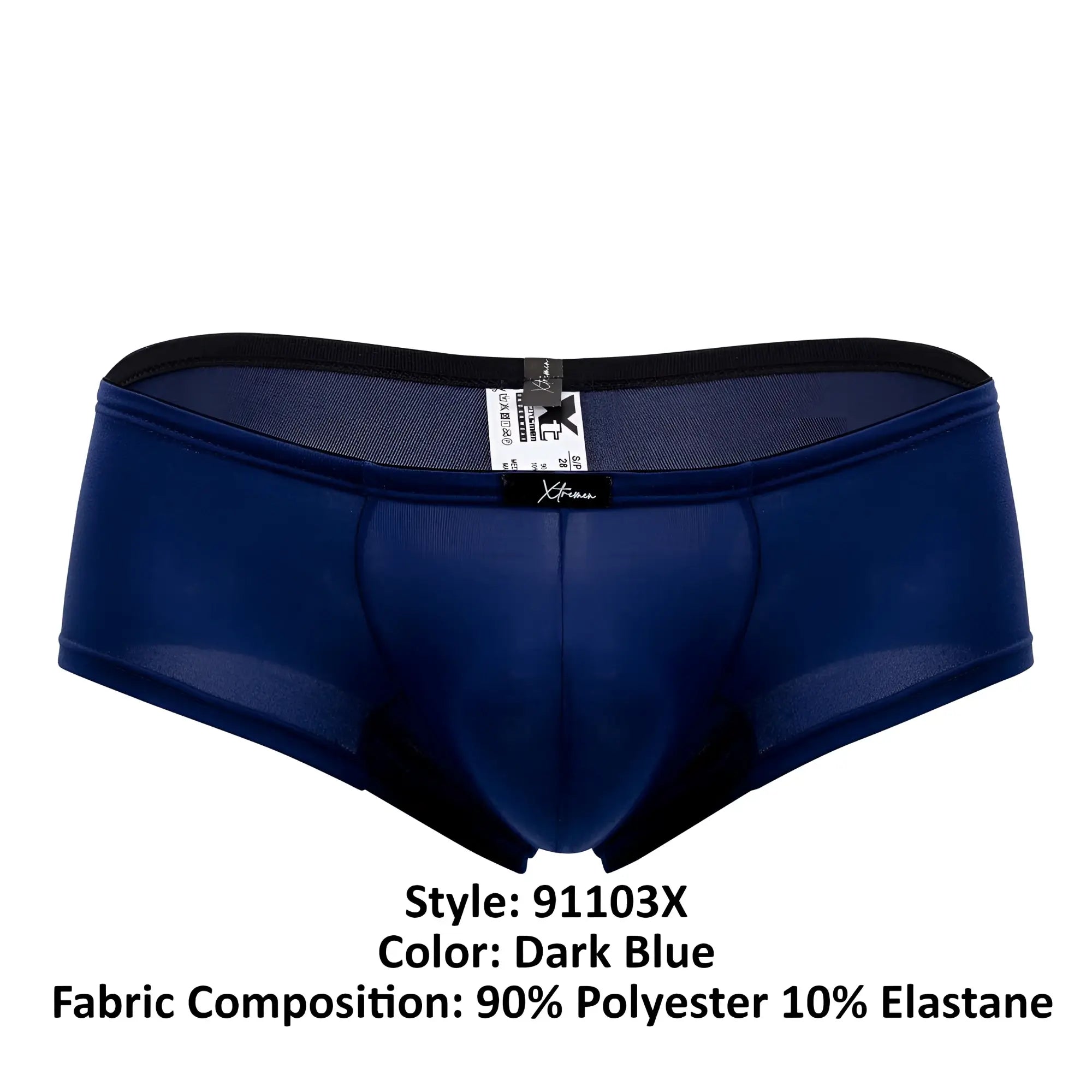 Dark blue Xtremen 91103X microfiber trunks with black elastic waistband and mesh panels made of polyester elastane
