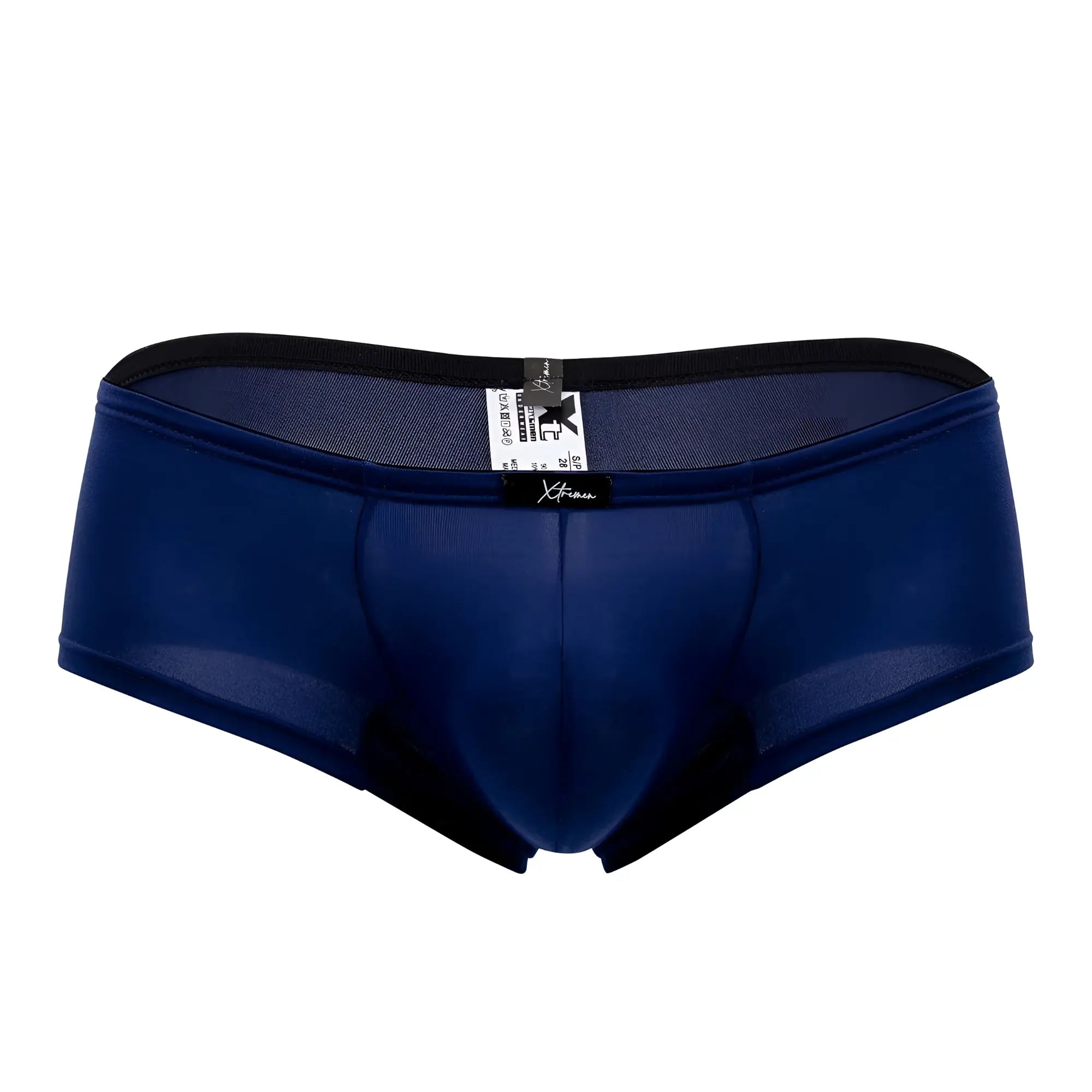 Navy blue Xtremen 91103X microfiber trunks with black elastic waistband and trim in mesh fabric