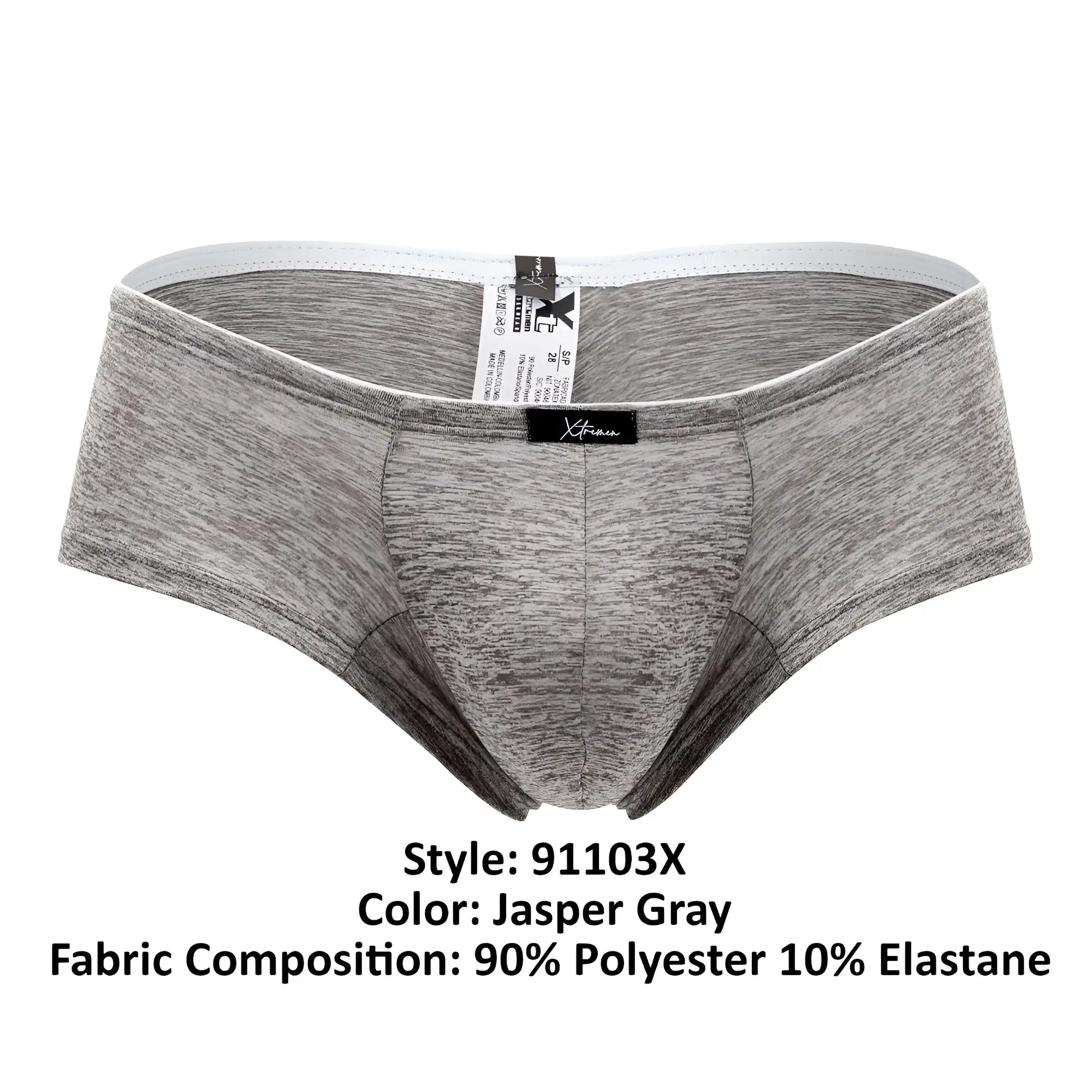Xtremen 91103x microfiber trunks in jasper gray heathered polyester elastane fabric with branded waistband label