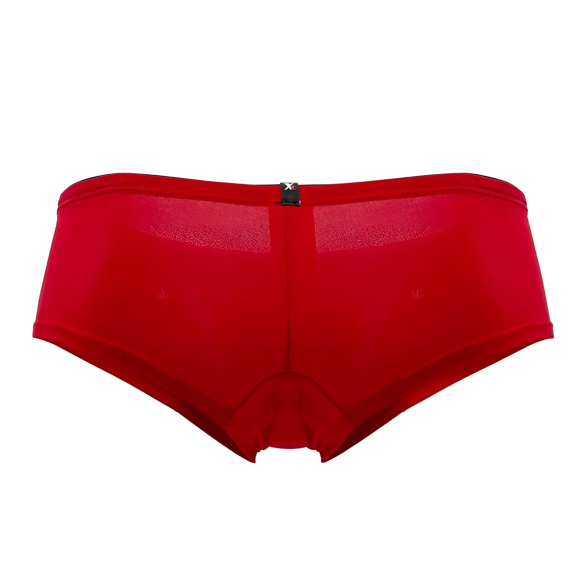 Back view of red xtremen 91103x microfiber seamless briefs with sheer mesh panel and black brand tag