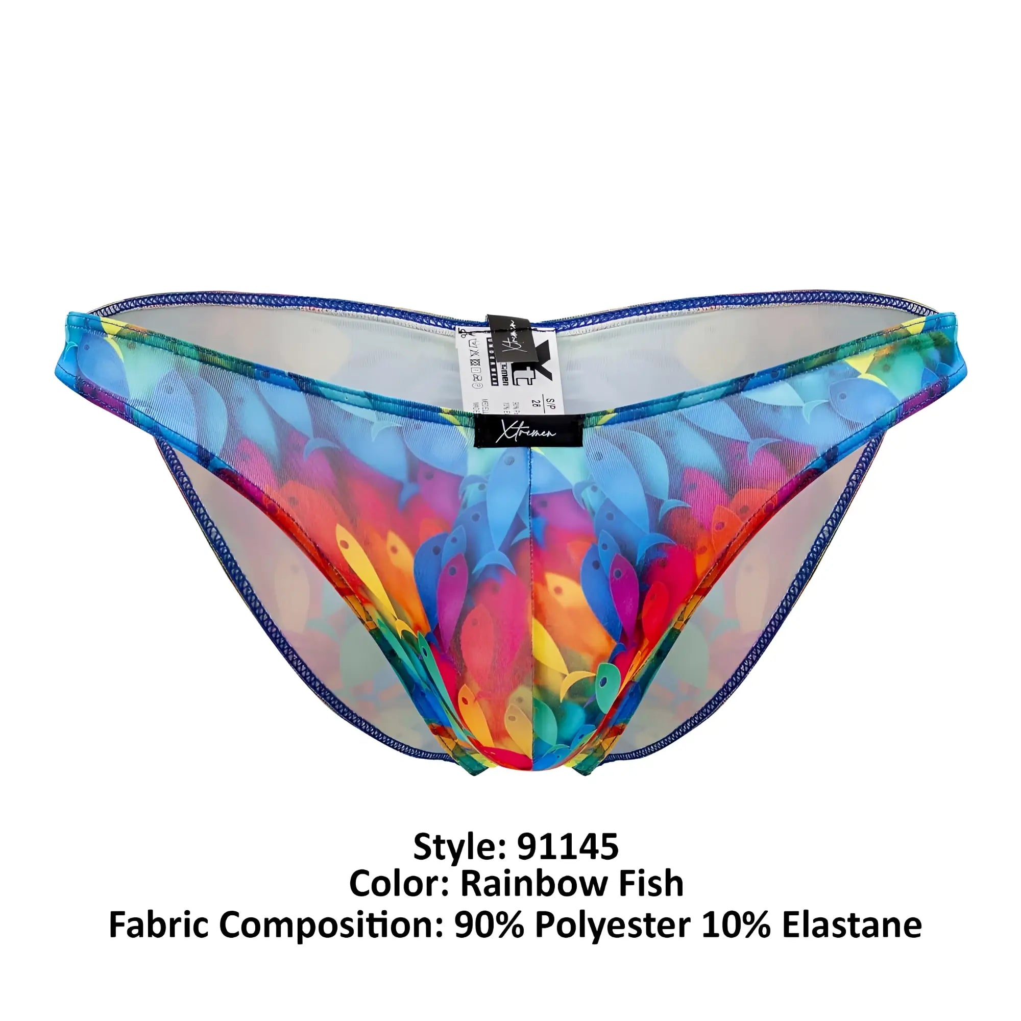 Xtremen 91145 printed microfiber bikini bottom in rainbow fish mesh with blue trim and black brand tag