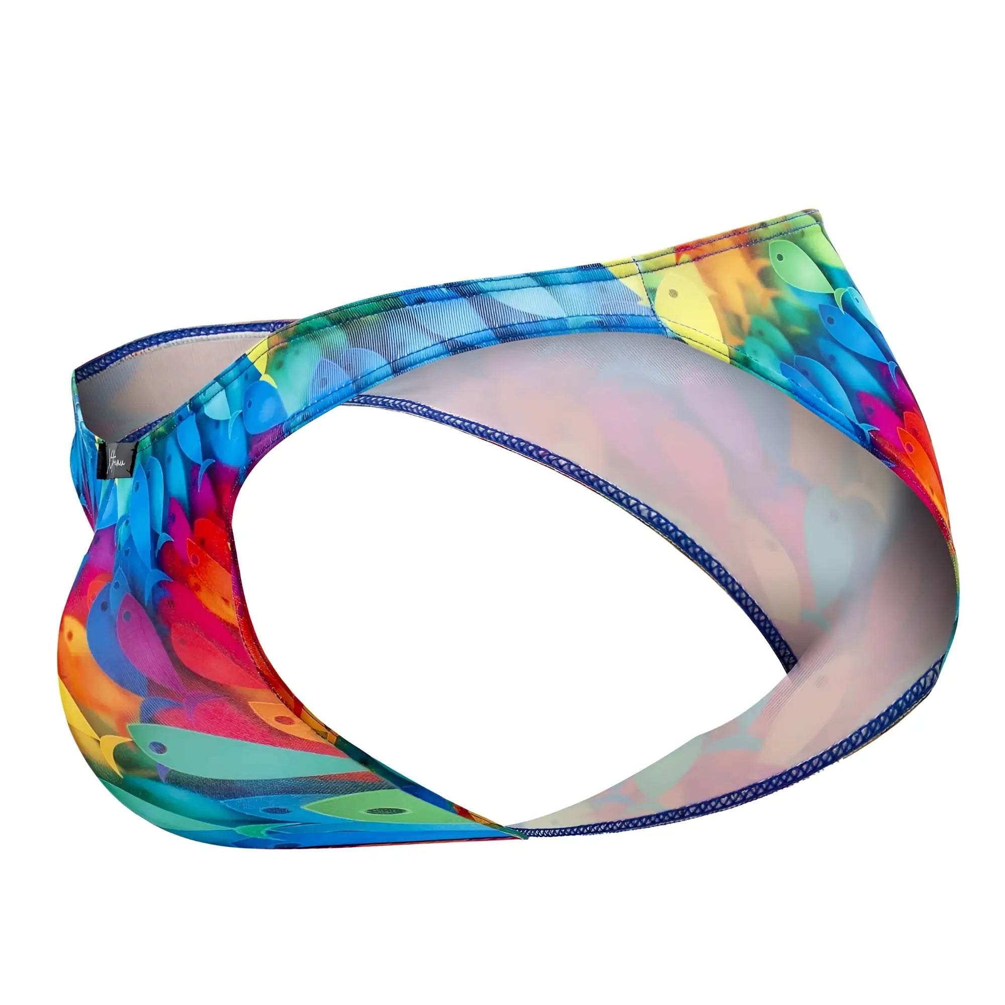 Xtremen 91145 printed microfiber bikini in vibrant rainbow fish pattern with mesh fabric front view