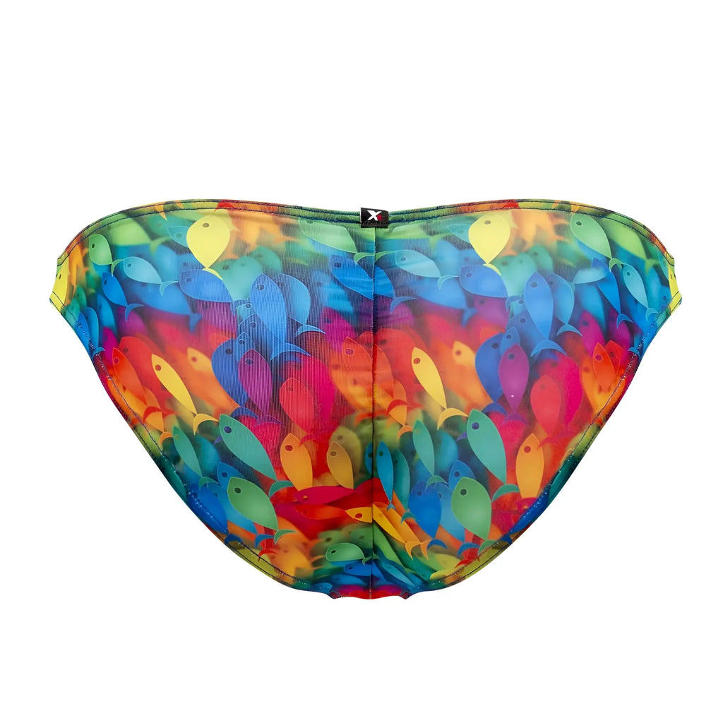 Xtremen 91145 printed microfiber bikini swim briefs in vibrant rainbow colors with a dense stylized fish pattern