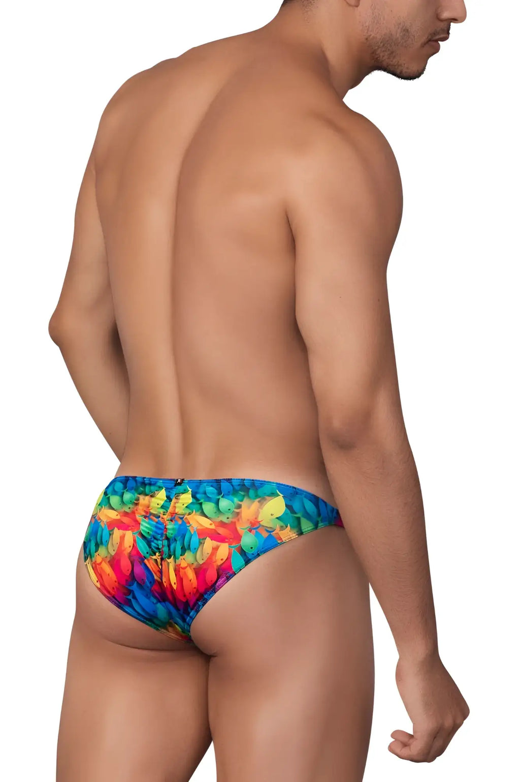 Xtremen 91145 printed microfiber bikini swim trunks with vibrant rainbow fish print on bold blue base