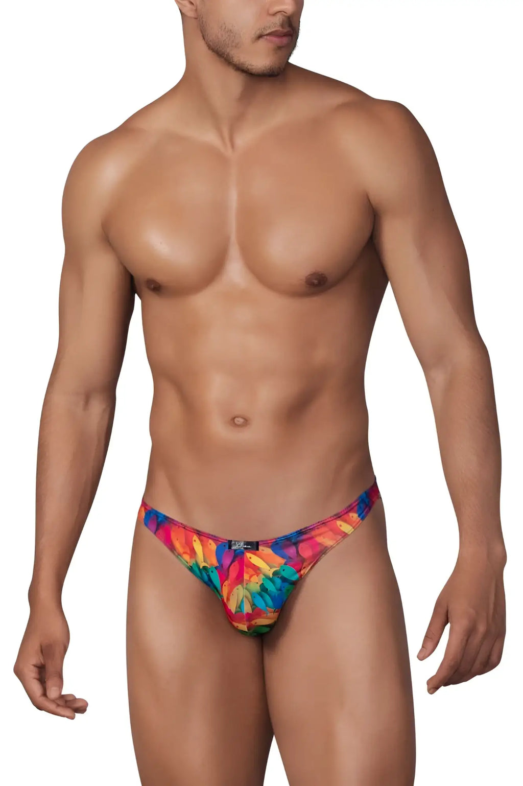 Xtremen 91145 printed microfiber bikini color rainbow fish vibrant tie-dye patterned men’s thong in bold rainbow hues