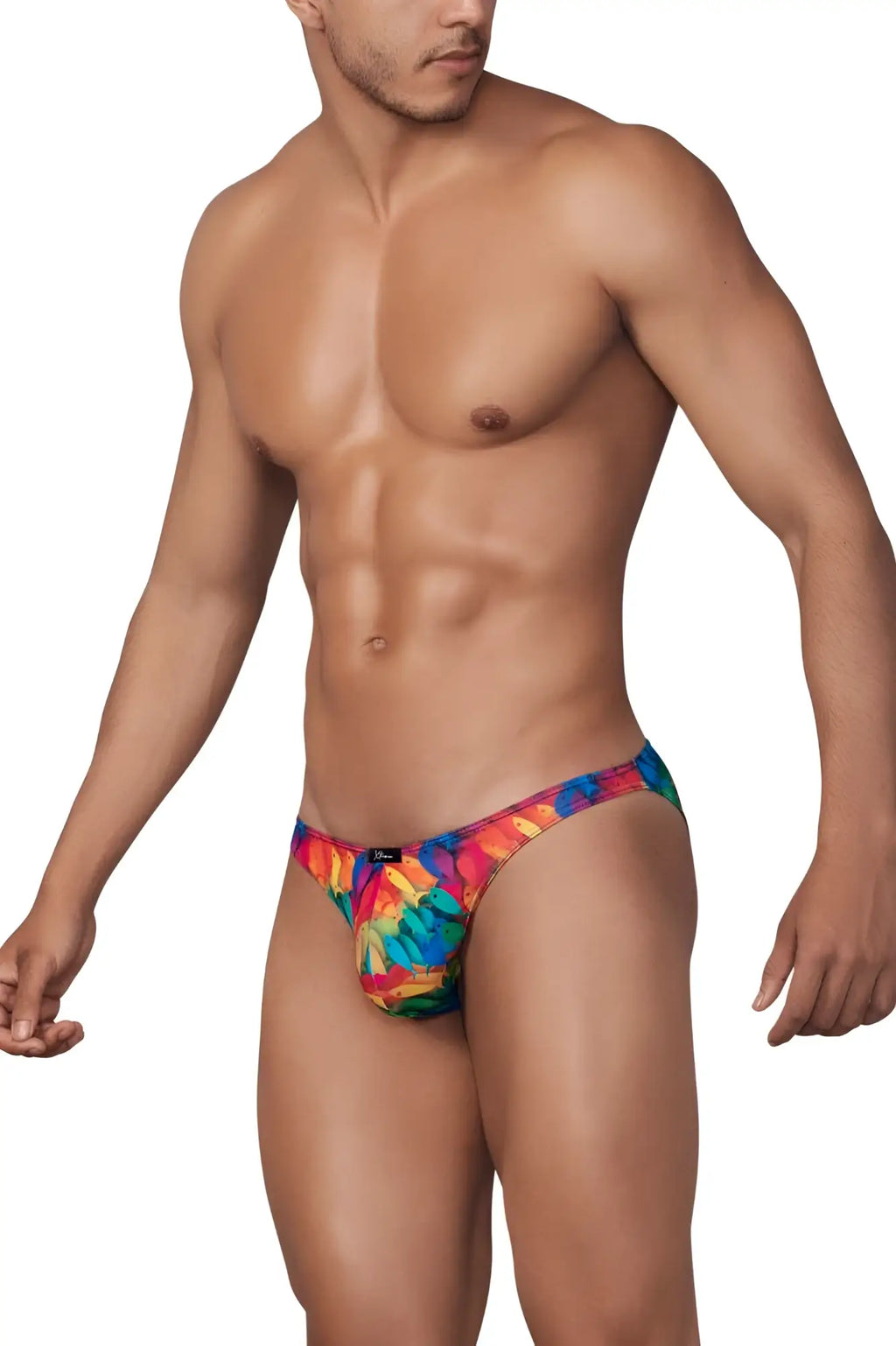 Vibrant rainbow tie-dye printed microfiber bikini briefs with snug fit and elastic waistband by xtremen 91145
