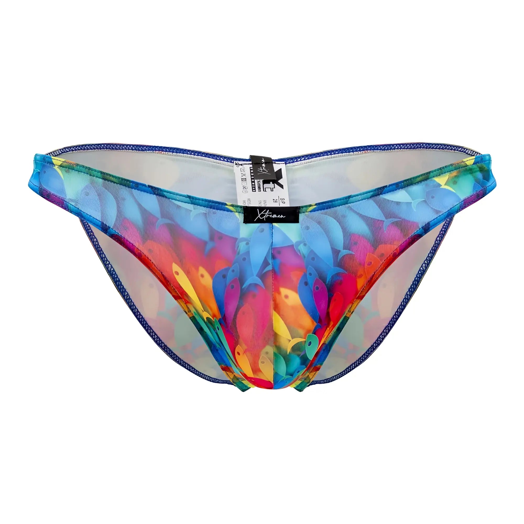 Xtremen 91145 printed microfiber bikini rainbow fish with vibrant translucent swim trunks and navy trim