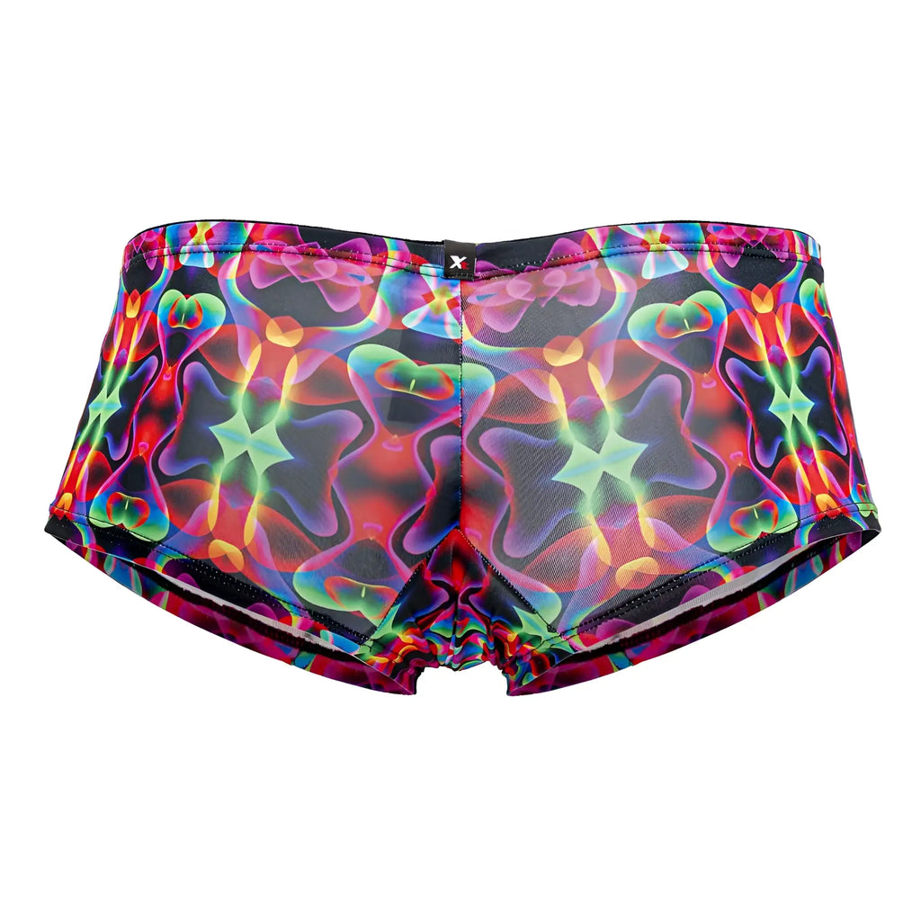 Xtremen 91170 printed trunks color bows with vibrant iridescent neon patterns on black mesh swim trunks